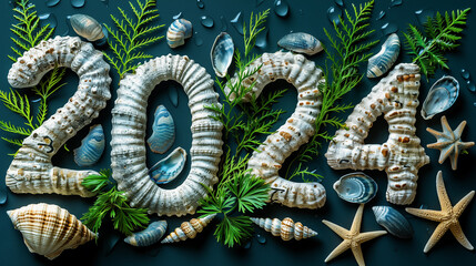 2024 new year made of seashells and starfish on blue background