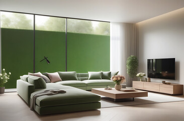 the modern minimalistic interior of the room with a soft Japanese-style design in beige and green tones, a huge panoramic window