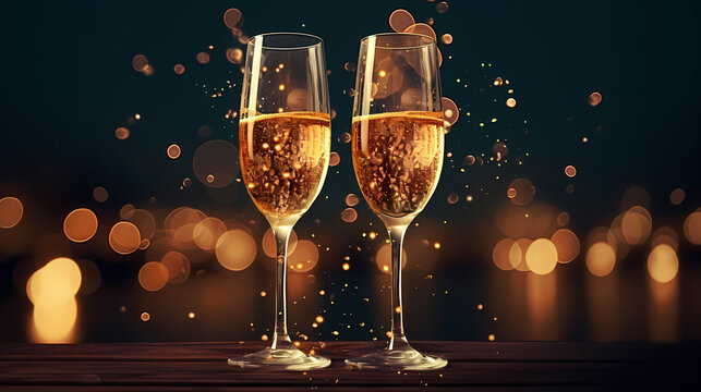 Champagne Glass Close-up, Bokeh Light Background