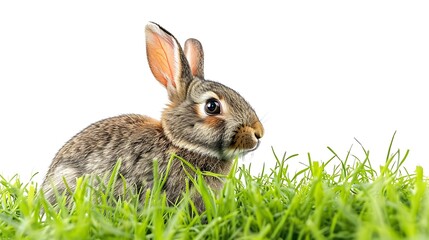 Fototapeta premium Hidden easter rabbit in a green meadow isolated on white background