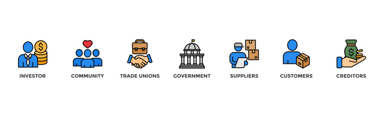 Stakeholder relationship banner web icon vector illustration concept for stakeholder, investor, government, and creditors with icon of community, trade unions, suppliers, and customers	
