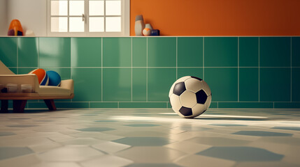 a soccer / football ball in a green living room, free space, sunny 