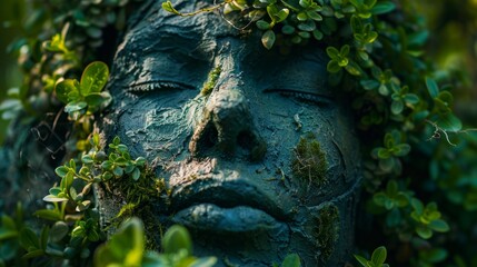 Moss-Enveloped Sculpture Face in Nature