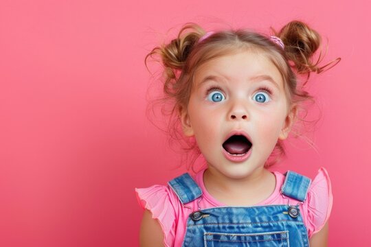 Surprised little girl with open mouth on empty pink background