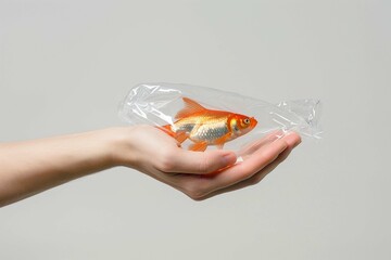 hand Holding Fish In Water Plastic