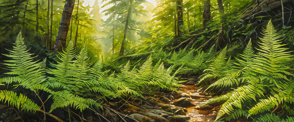 Ferns next to a valley in a deep forest. 
Illustration of a bracken in a watercolor style. - obrazy, fototapety, plakaty