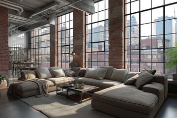 An apartment with large windows in loft style in New York City, with large spacious living room AI Generation