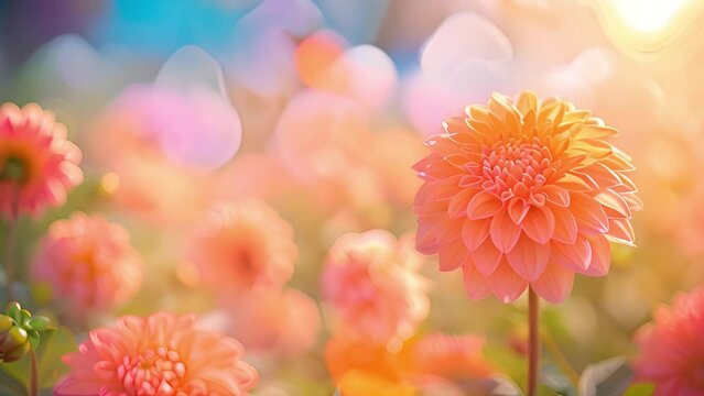 Pink dahlia field in the spring with beautiful sunlight. Beautiful field with pink and yellow dahlia flowers, 4k video garden filled with sun light and dahlias beauty background