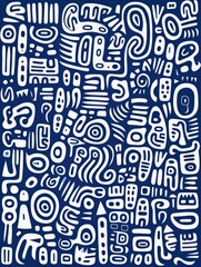 A graphic artwork featuring a combination of blue and white letters and numbers arranged in a visually appealing pattern.