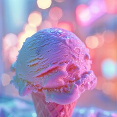 Close-Up of a Melting Blue Ice Cream Cone Against a Bokeh Light Background