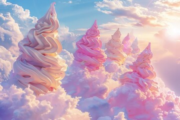 Dreamy Soft Pink Soft Serve Ice Cream Cones Floating in Clouds at Sunset - obrazy, fototapety, plakaty
