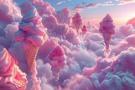 Dreamy Soft Pink Soft Serve Ice Cream Cones Floating in Clouds at Sunset
