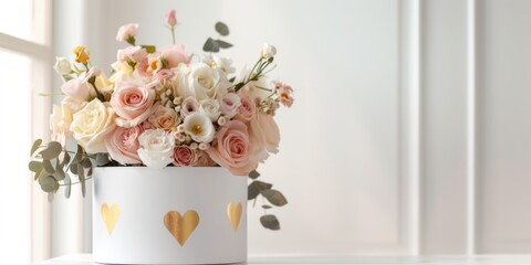 A bouquet of delicate pastel white and pink roses in a white package with gold hearts. Festive light background with copy space