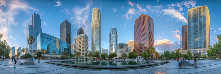 Fototapeta premium Skyscraper tower soaring in urban landscape of business city architecture exterior reaching skyward