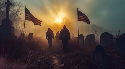 Silhouettes Of Soldiers Advancing Through A Misty Graveyard At Dawn, Flanked By American Flags