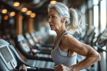 Active senior woman on a treadmill at the gym
