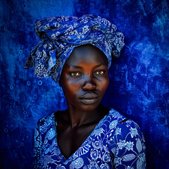 a woman flaunts her afro hairstyle against a vibrant blue backdrop