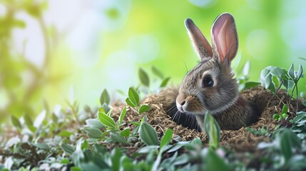Obraz premium Rabbit in hole Easter greeting card with copy space.