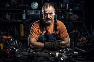 In the heart of a chaotic workshop, a seasoned industrial mechanic, his hands smeared with grease, stands with a look of pride and determination