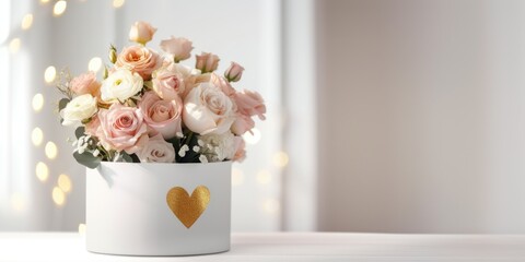 A bouquet of delicate pastel white and pink roses in a white package with gold hearts. Festive light background with copy space