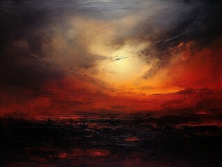 Obraz premium A painting depicting a vibrant sunset casting warm hues over a tranquil body of water, creating a serene and beautiful scene.