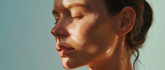 A woman's face is kissed by sunlight, highlighting natural beauty and a moment of peaceful contemplation