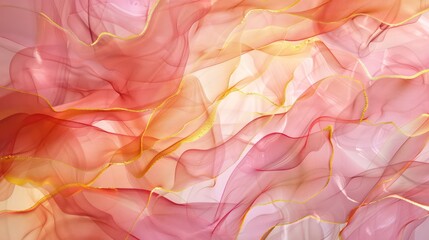Luxurious abstract fluid art painting in alcohol ink, dreamy wallpaper with transparent waves and golden swirls. Ideal for posters, banners, packaging, and other printed materials