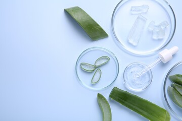 Flat lay composition with aloe vera leaves and cosmetic gel on light blue background