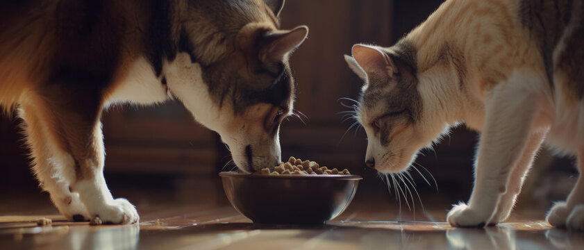 A harmonious moment between a dog and cat sharing a meal, symbolizing companionship and domestic life