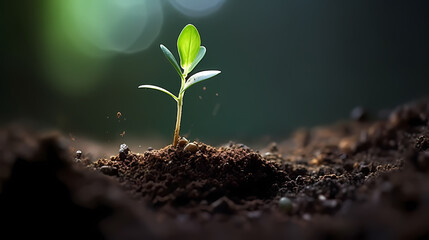 Planting young trees sprouting in soil on green background network and connection concept