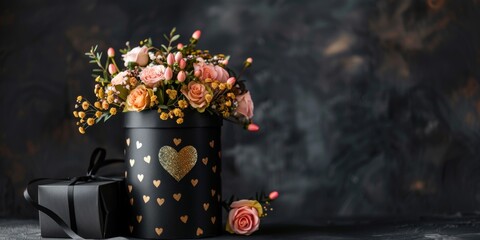 A bouquet of multi colored pastel roses in luxury packaging with gold hearts on a dark background...