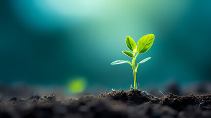 Planting young trees sprouting in soil on green background network and connection concept