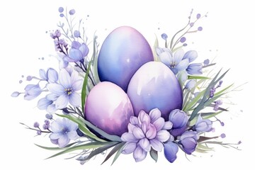 Happy easter. Composition of painted Easter eggs and spring flowers on a plain white background. Watercolor illustration, holiday card