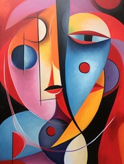 A painting featuring the abstract depiction of a womans face, characterized by vibrant red, blue, and yellow shapes that form her features and expression.