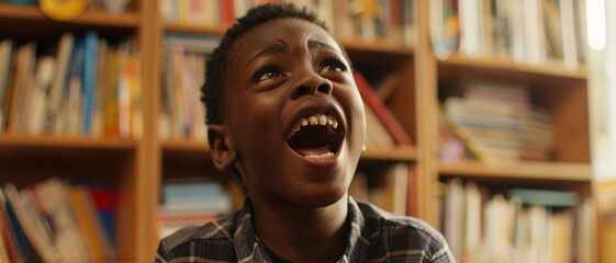 A young boy in awe, joyously shouting among bookshelves, a moment of pure excitement