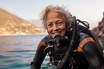 Obraz na płótnie Canvas Portrait of happy senior woman with scuba gear looking at camera