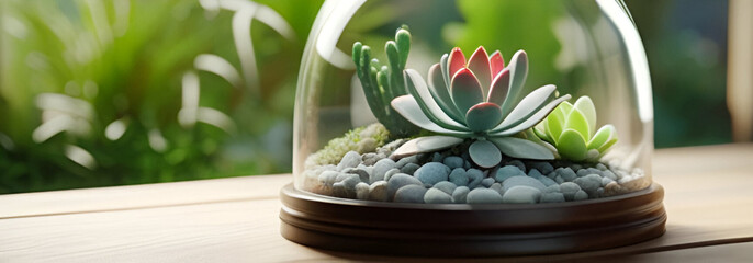 A glass terrarium with succulent plants and decorative stones.