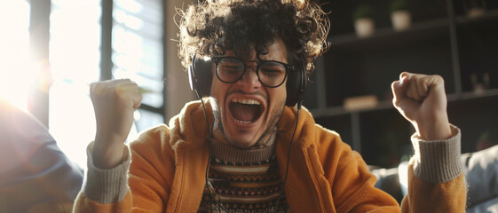Young man with headphones in a moment of triumph, passionately celebrating a musical victory