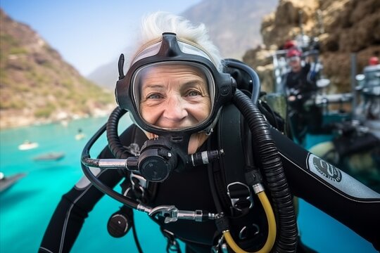 Senior woman scuba diver wearing a mask and snorkeling gear