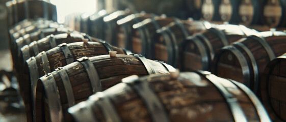 Rows of aged wine barrels rest in the dim light, capturing the timeless art of winemaking - obrazy, fototapety, plakaty
