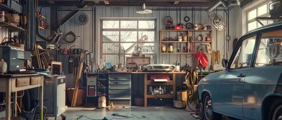 Papier Peint photo autocollant Voitures anciennes A well-equipped garage workshop reveals a mechanic's domain, a sanctuary of tools and creativity