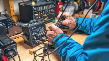 Radio transmitting station. Radio astronomer. Radio amateur setting up equipment.