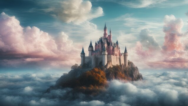 Magic castle in the clouds. Fantastic fantasy landscape.