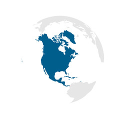 North America continent dark blue highlighted silhouette on Earth globe. Vector illustration
