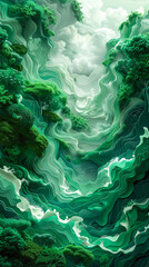 An enchanting masterpiece of watercolor, depicting a tranquil scene of lush green landscapes dotted with vibrant algae, capturing the serene beauty of nature in all its glory