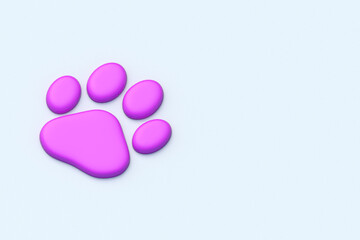 Pink pet footprint. Cat or dog footprint. Animal care. Grooming service. Puppy or kitten track. Wildlife rescue. Copy space. 3d render