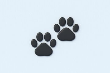 Two black pet footprints. Cat or dog footprint. Animal care. Grooming service. Puppy or kitten track. Wildlife rescue. Top view. 3d render