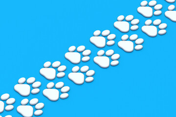 Diagonal rows of pet footprints. Cat or dog footprint. Animal care. Grooming service. Puppy or kitten track. Wildlife rescue. 3d render