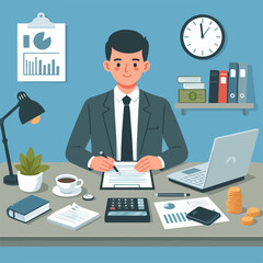 busy man desk financial accountant multiple tasking job illustration