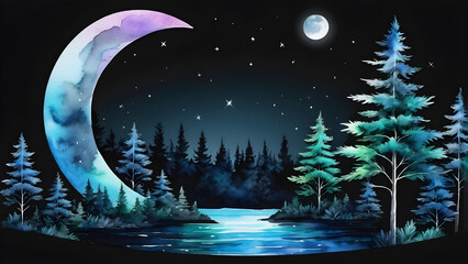 Naklejka premium watercolor painted beautiful forest moonlight isolated clipart hand drawn design elements. landscape with moon. night in the forest